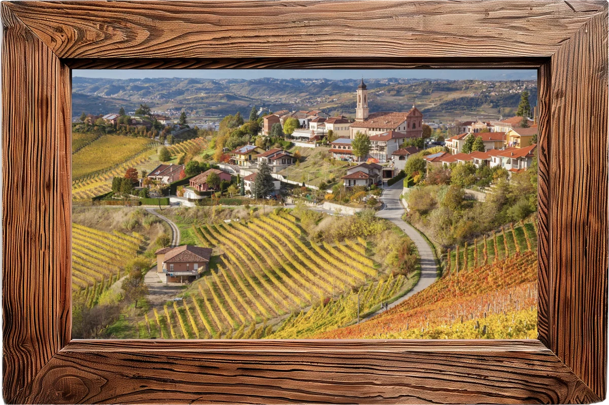 Vineyard hills and a hilltop village in Piemonte, in a rustic wooden frame